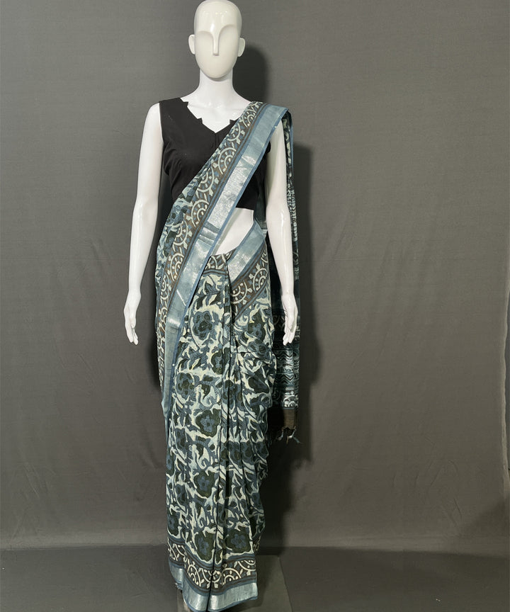 Multicolor ajrakh printed cotton linen saree