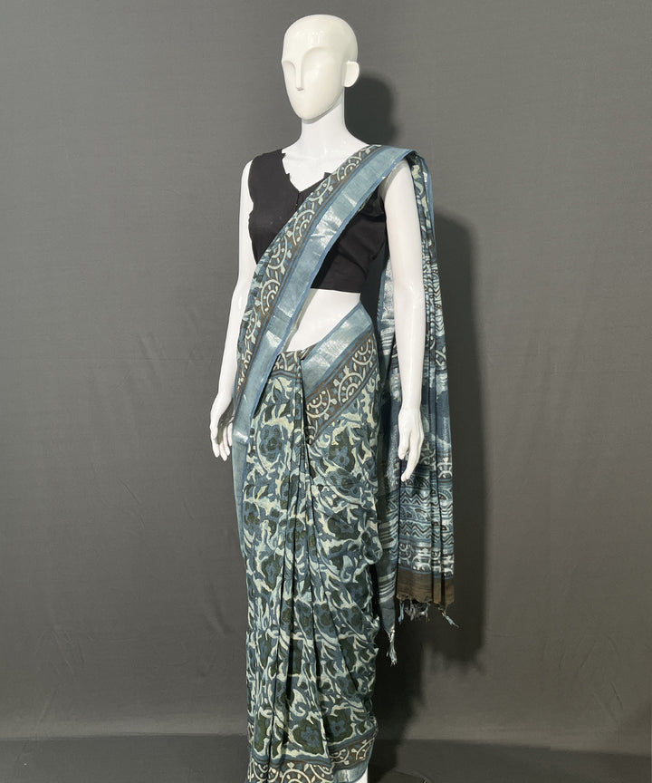 Multicolor ajrakh printed cotton linen saree