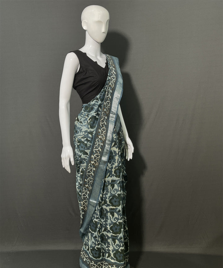 Multicolor ajrakh printed cotton linen saree