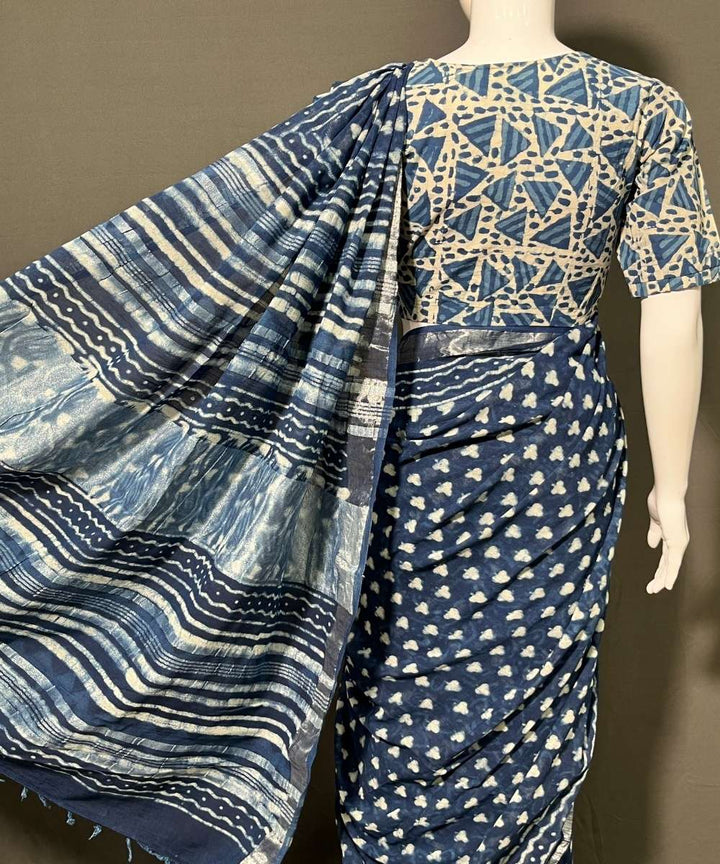 Indigo dyed hand-block printed cotton linen saree
