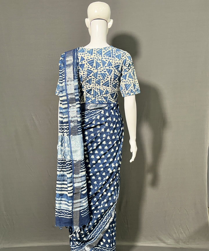 Indigo dyed hand-block printed cotton linen saree