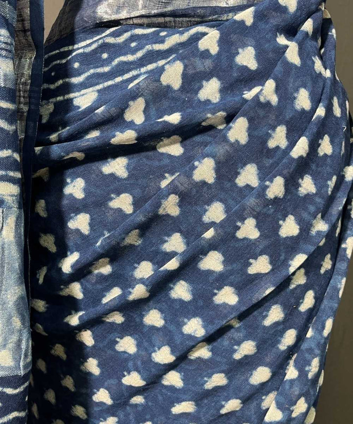 Indigo dyed hand-block printed cotton linen saree
