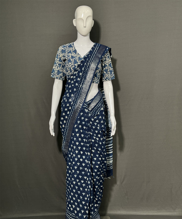 Indigo dyed hand-block printed cotton linen saree