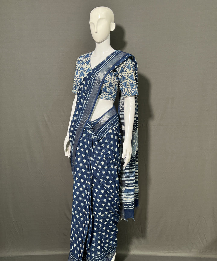 Indigo dyed hand-block printed cotton linen saree