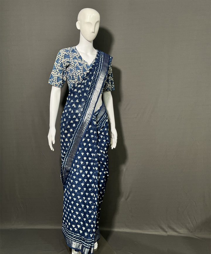 Indigo dyed hand-block printed cotton linen saree