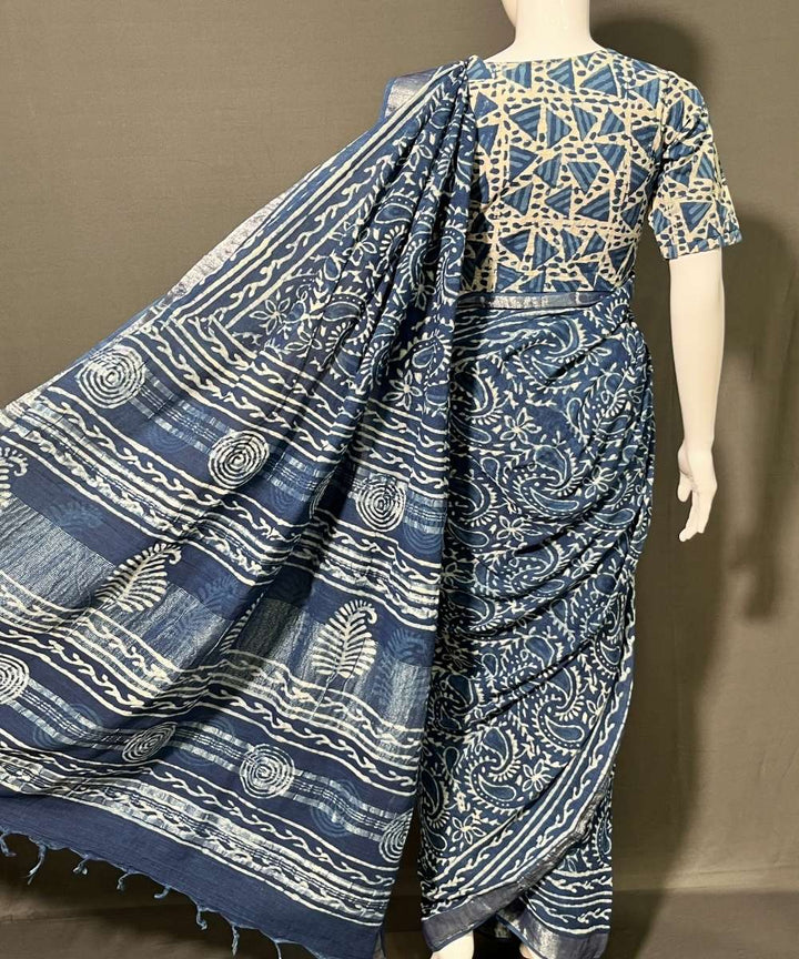 Indigo dyed cotton linen hand block printed saree