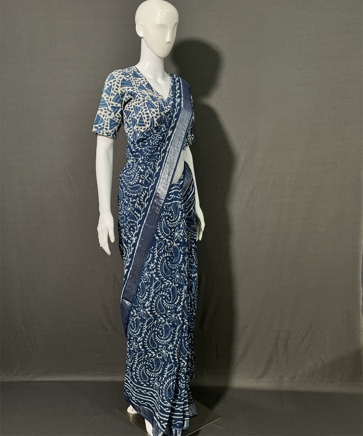 Indigo dyed cotton linen hand block printed saree