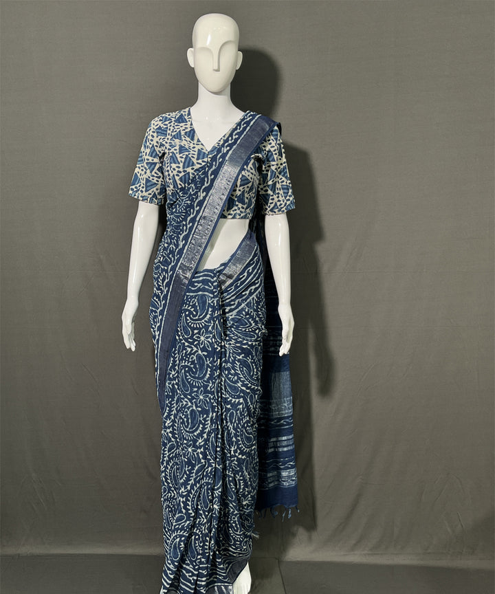 Indigo dyed cotton linen hand block printed saree