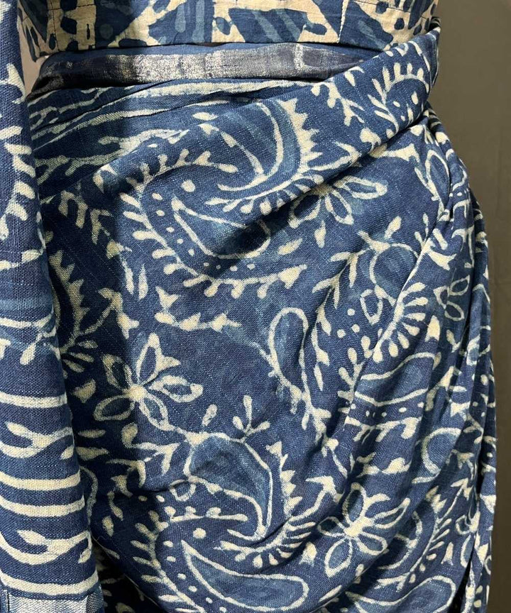 Indigo dyed cotton linen hand block printed saree