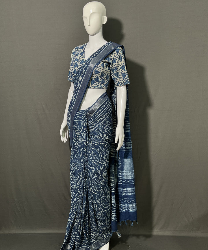Indigo dyed cotton linen hand block printed saree