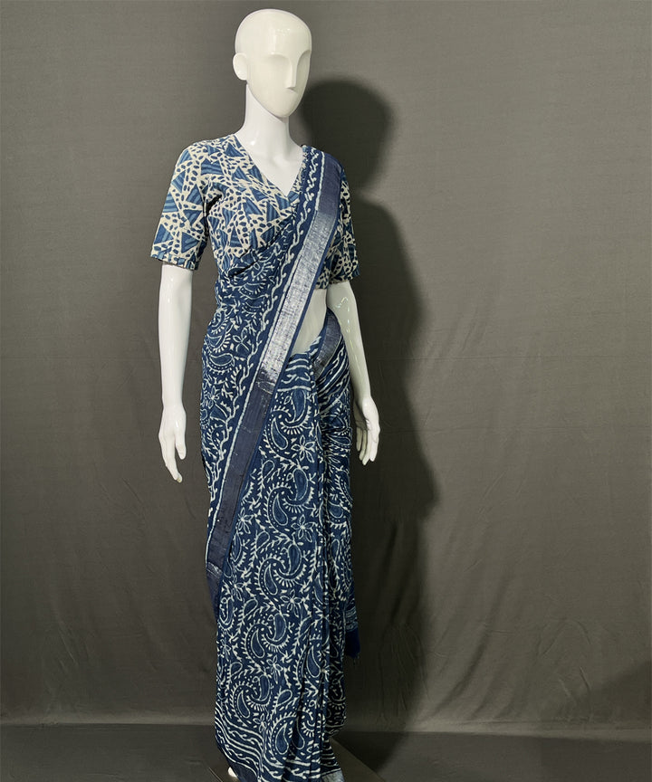 Indigo dyed cotton linen hand block printed saree