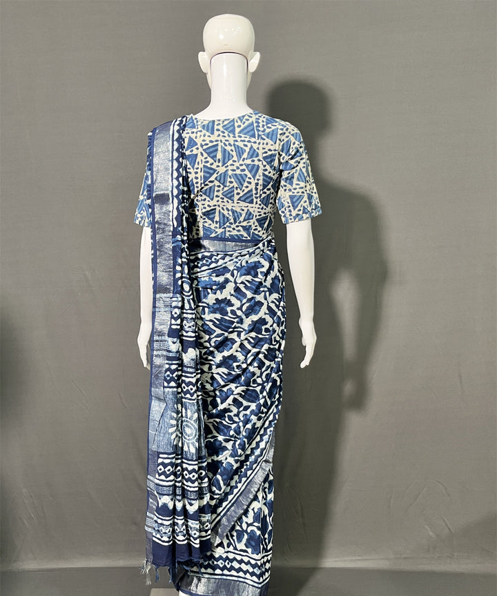 Indigo dyed cotton-linen hand block printed saree