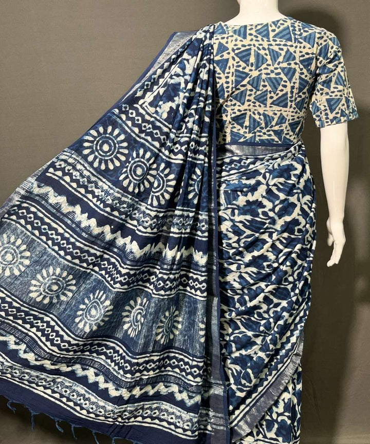 Indigo dyed cotton-linen hand block printed saree