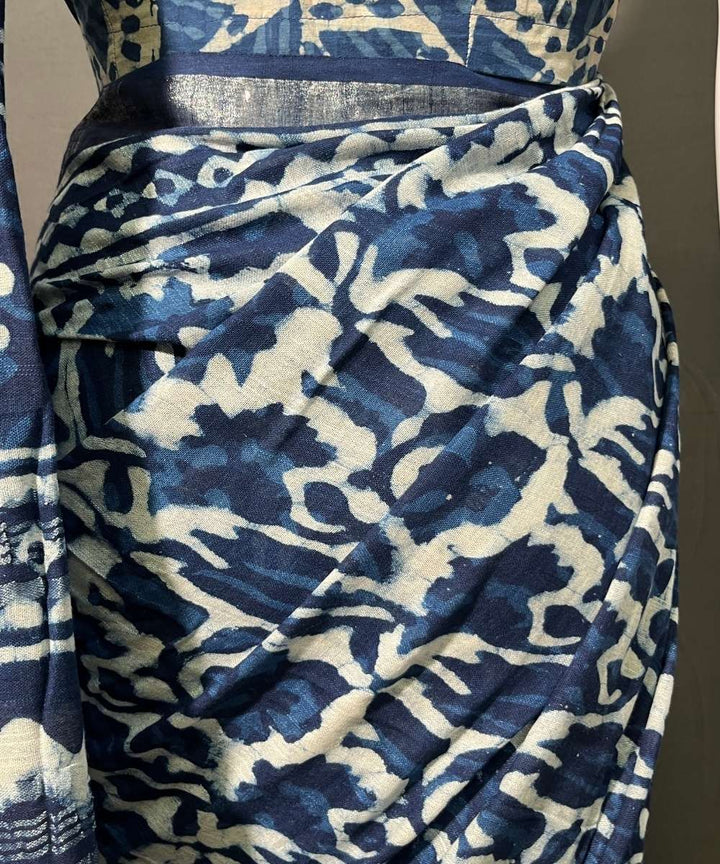 Indigo dyed cotton-linen hand block printed saree