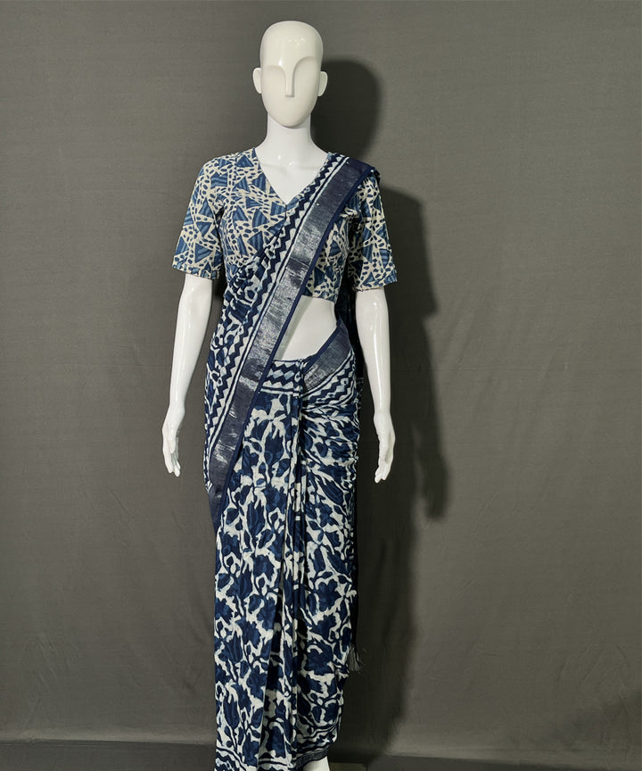 Indigo dyed cotton-linen hand block printed saree