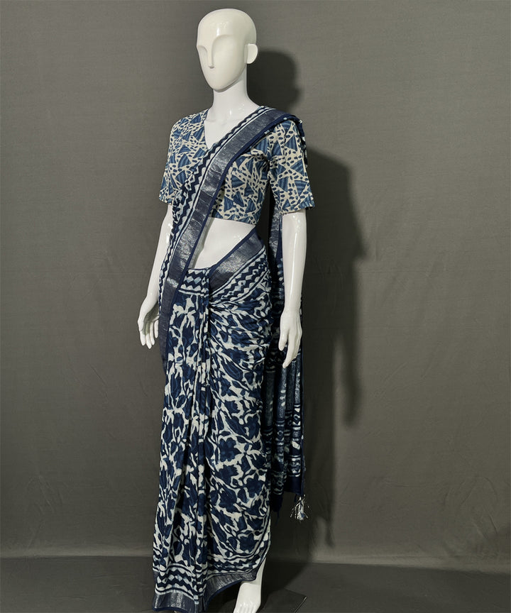 Indigo dyed cotton-linen hand block printed saree