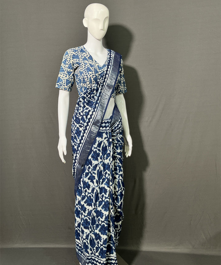 Indigo dyed cotton-linen hand block printed saree