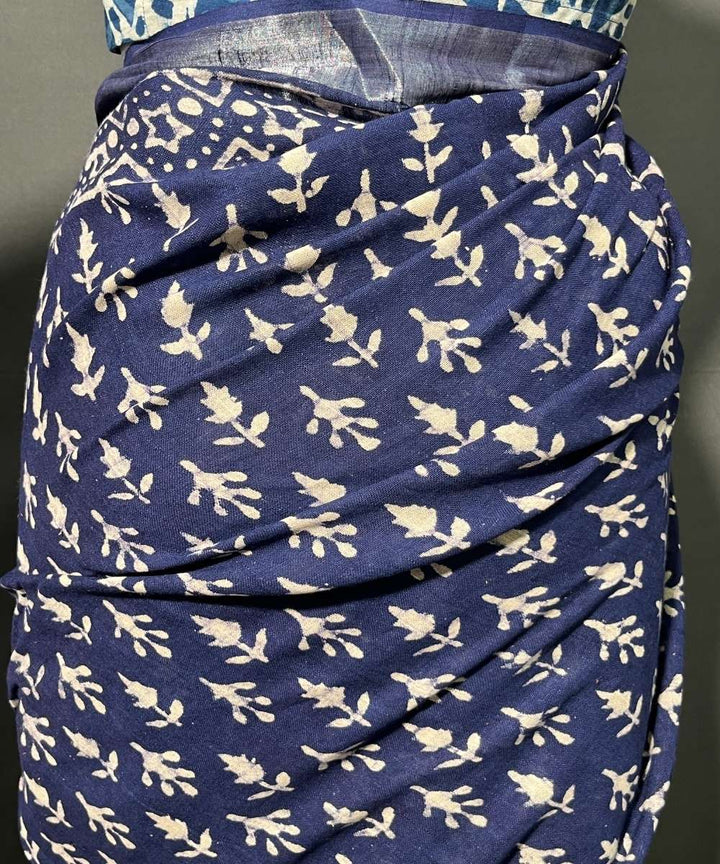 Indigo dyed hand block printed cotton linen saree
