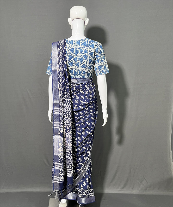 Indigo dyed hand block printed cotton linen saree