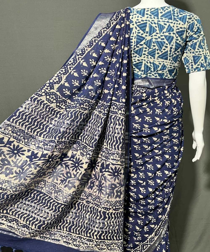 Indigo dyed hand block printed cotton linen saree