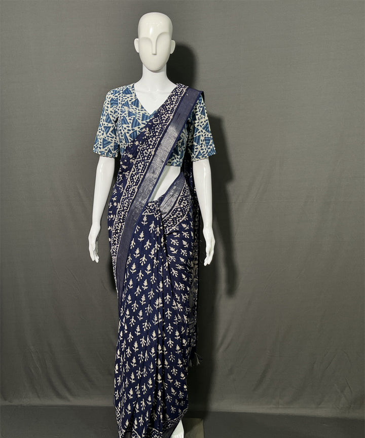 Indigo dyed hand block printed cotton linen saree