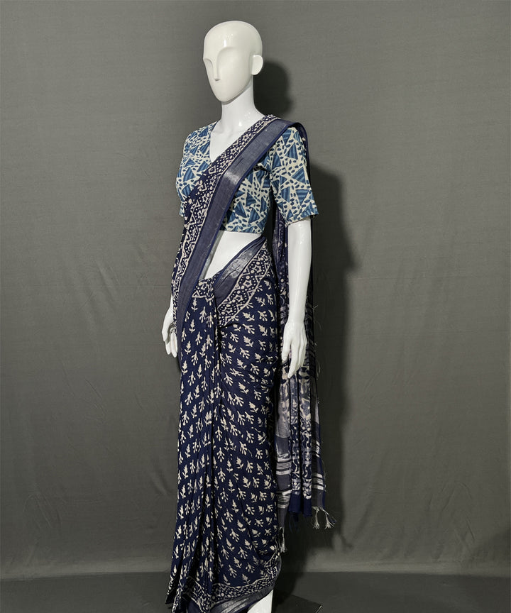 Indigo dyed hand block printed cotton linen saree
