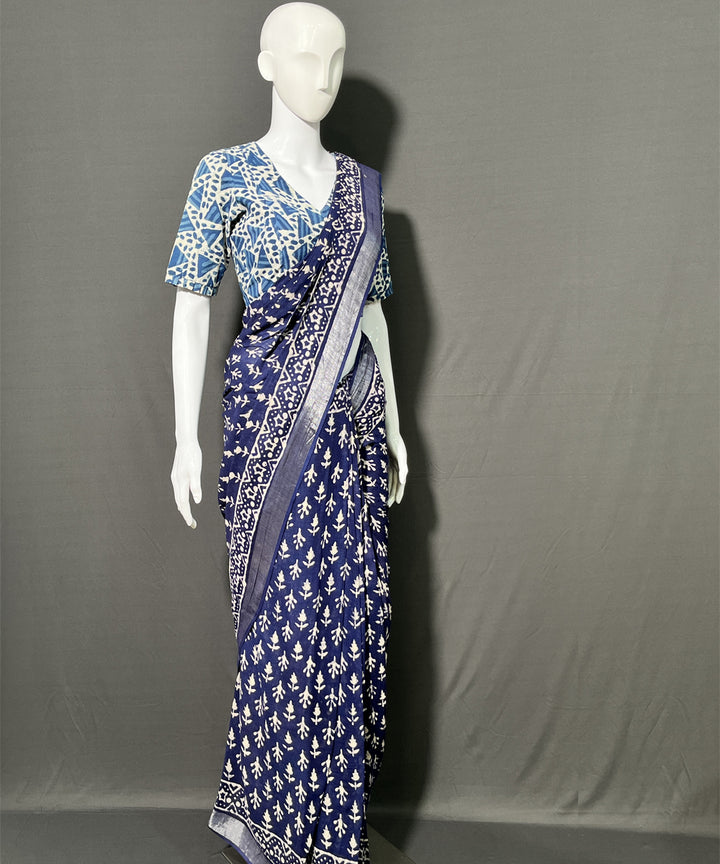 Indigo dyed hand block printed cotton linen saree