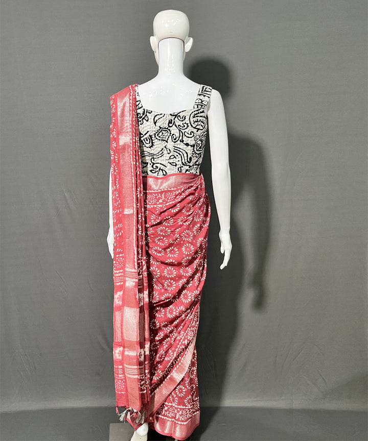 Multi color hand block printed cotton linen saree