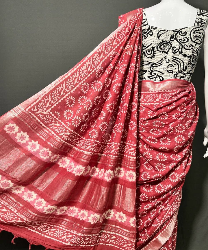 Multi color hand block printed cotton linen saree