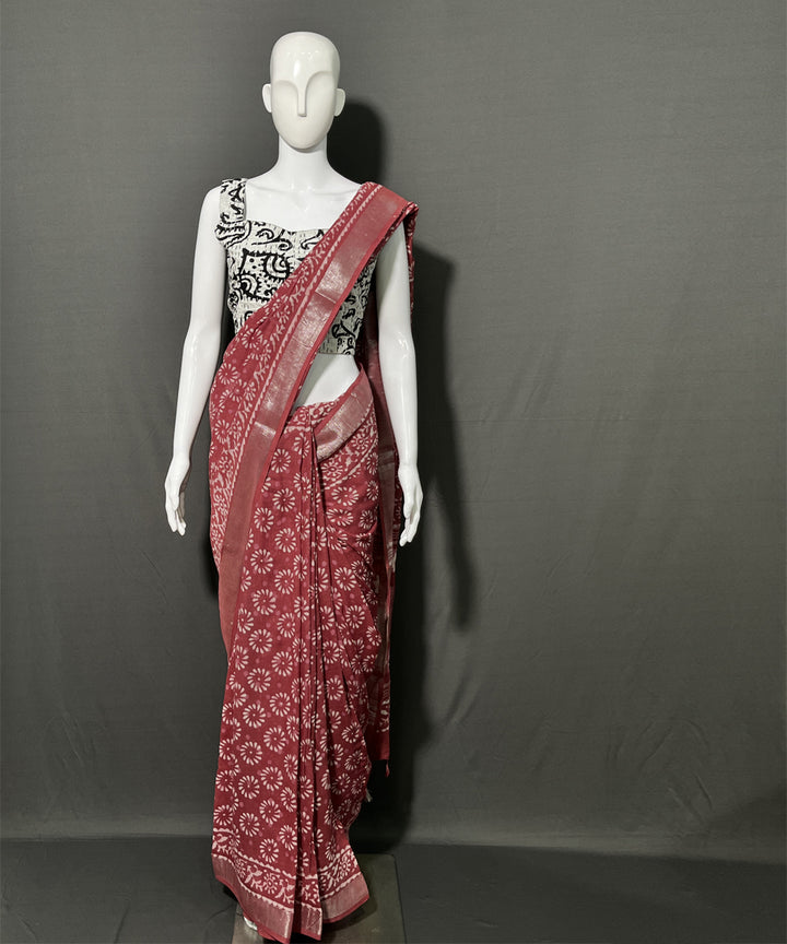 Multi color hand block printed cotton linen saree