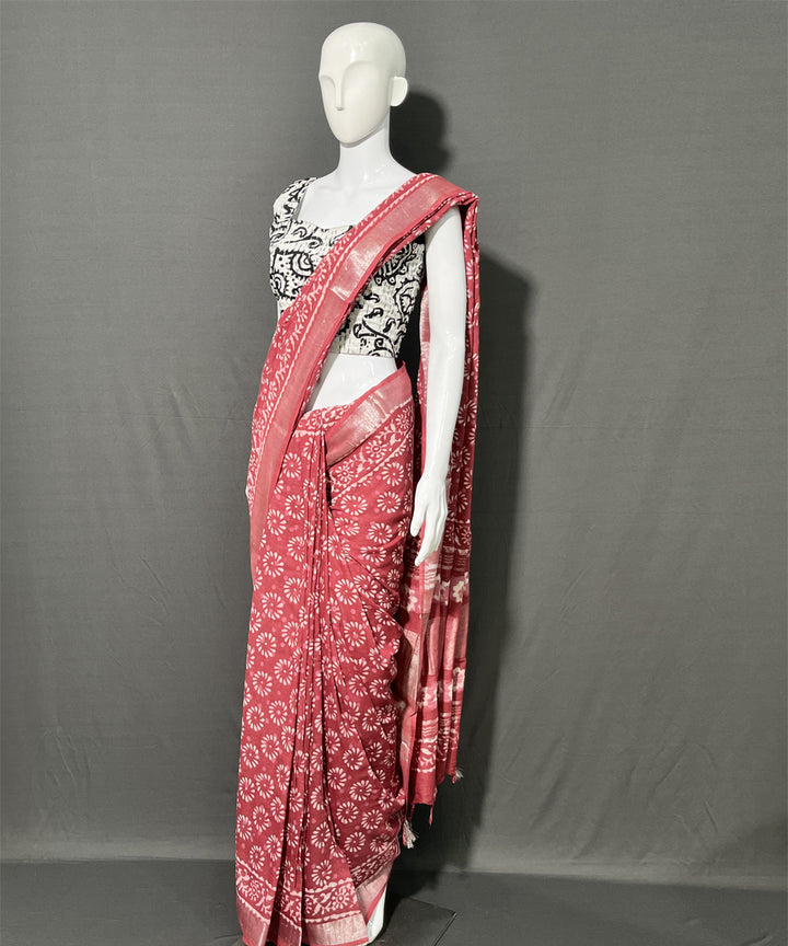 Multi color hand block printed cotton linen saree