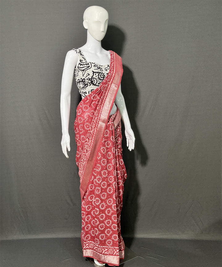 Multi color hand block printed cotton linen saree