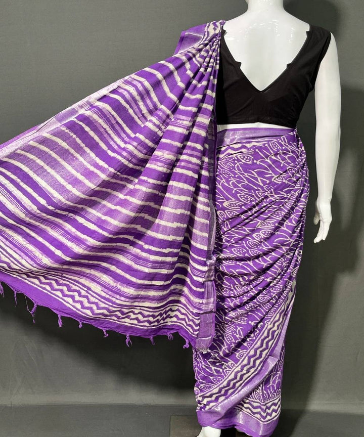 Purple hand block printed cotton linen saree
