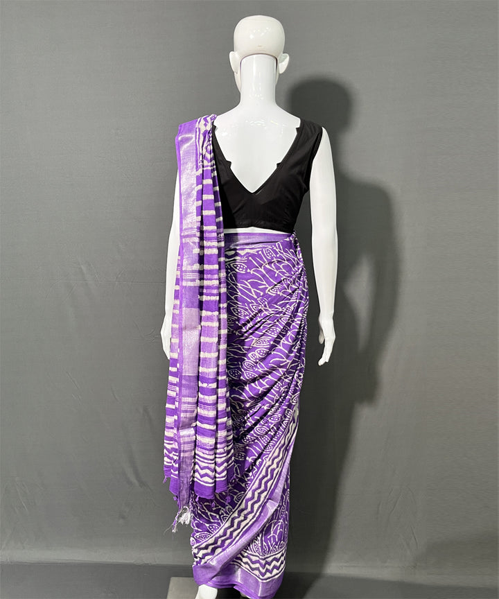 Purple hand block printed cotton linen saree