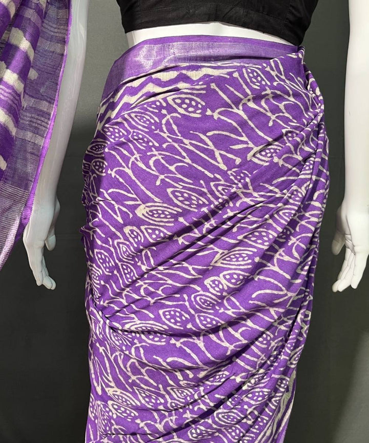 Purple hand block printed cotton linen saree