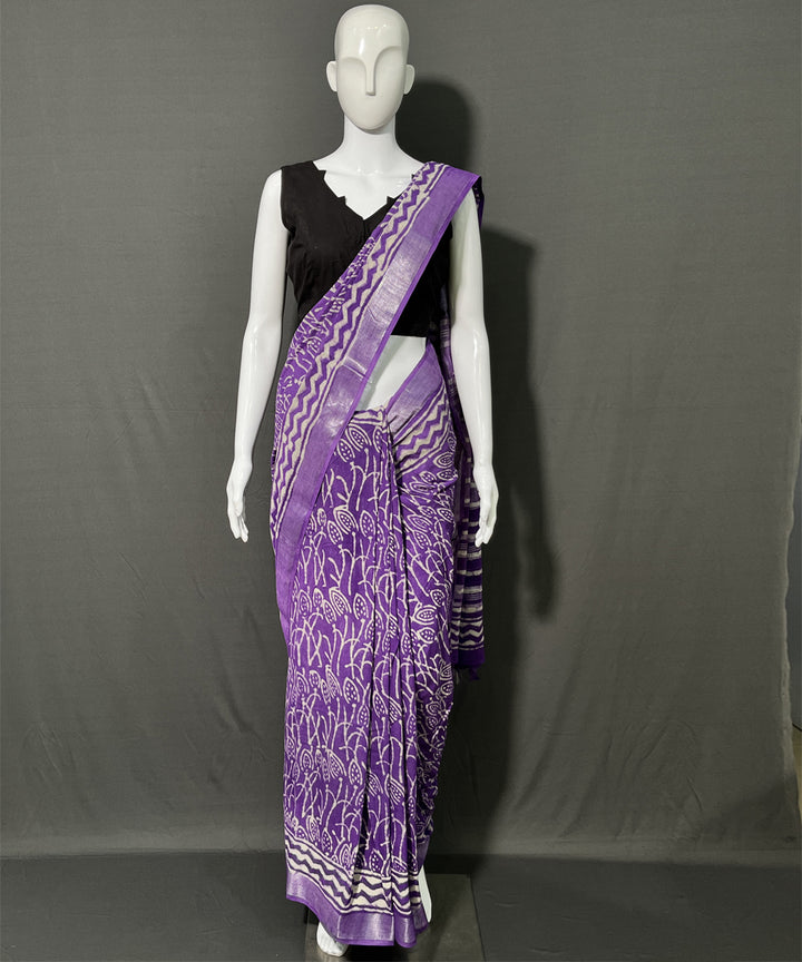 Purple hand block printed cotton linen saree