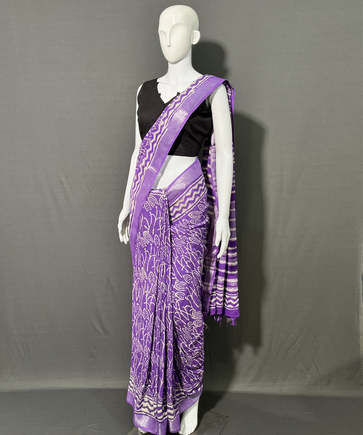 Purple hand block printed cotton linen saree