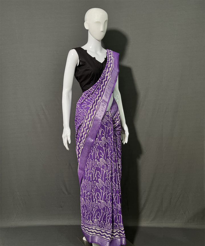 Purple hand block printed cotton linen saree