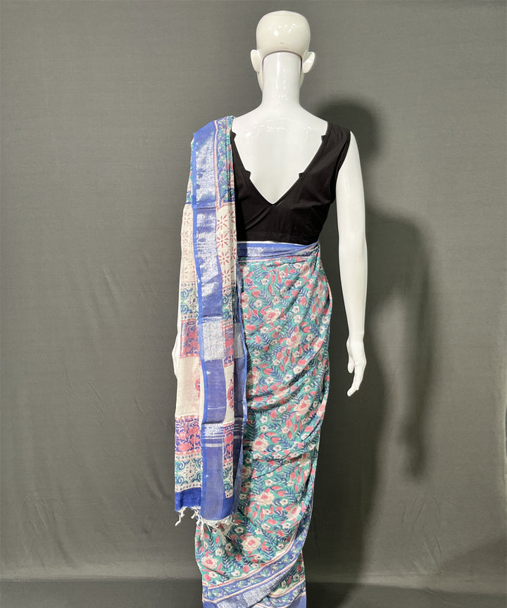Multicolor cotton linen hand block printed saree