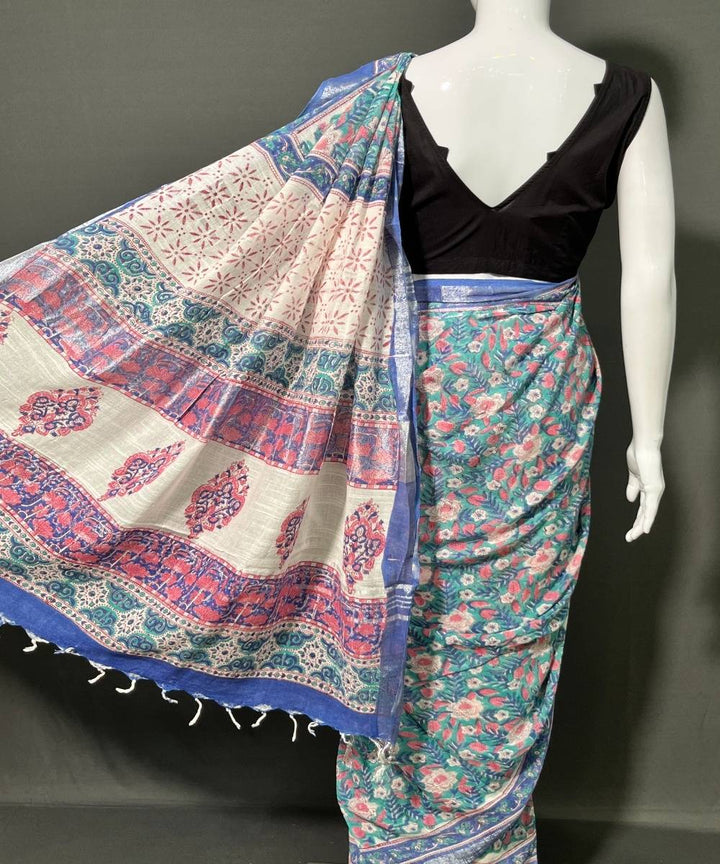 Multicolor cotton linen hand block printed saree