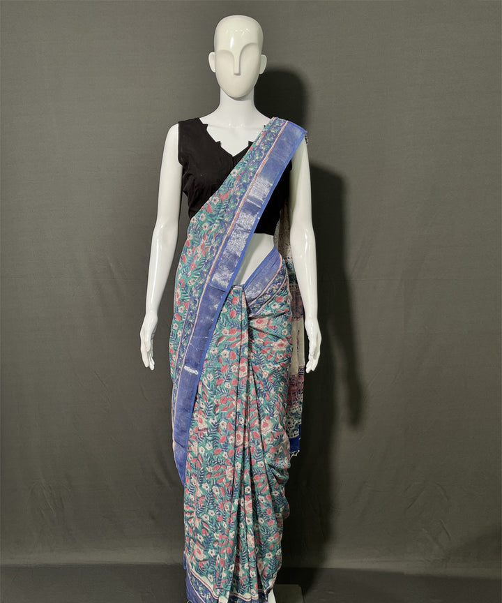 Multicolor cotton linen hand block printed saree