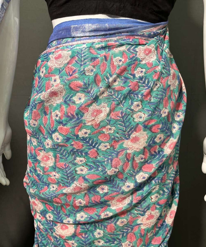 Multicolor cotton linen hand block printed saree