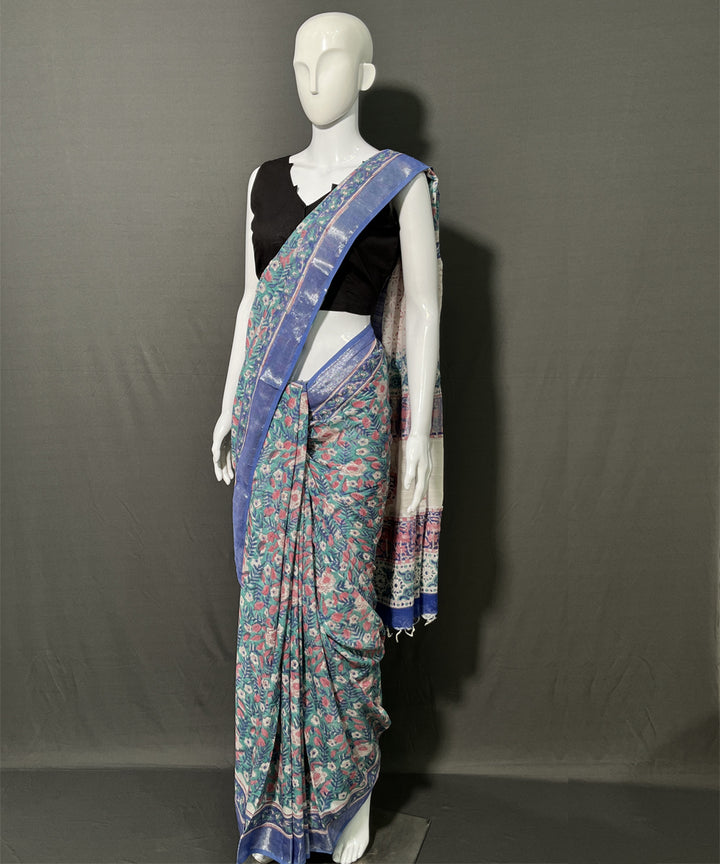Multicolor cotton linen hand block printed saree