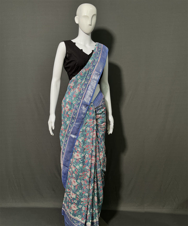 Multicolor cotton linen hand block printed saree