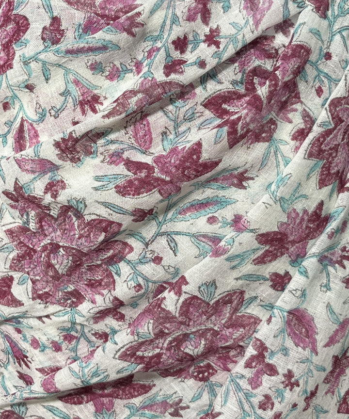 Offwhite pink hand block printed cotton linen saree