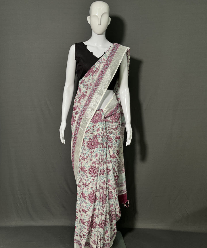 Offwhite pink hand block printed cotton linen saree