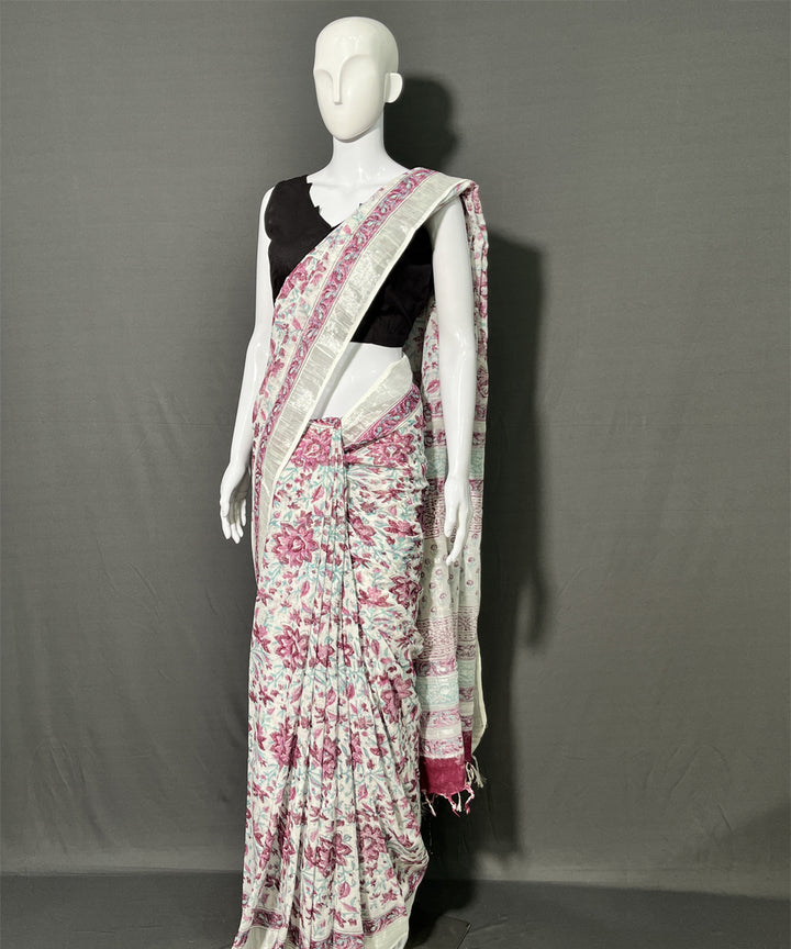 Offwhite pink hand block printed cotton linen saree