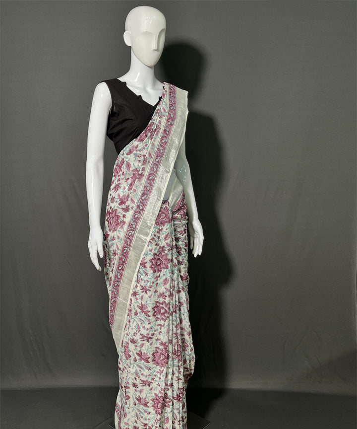 Offwhite pink hand block printed cotton linen saree
