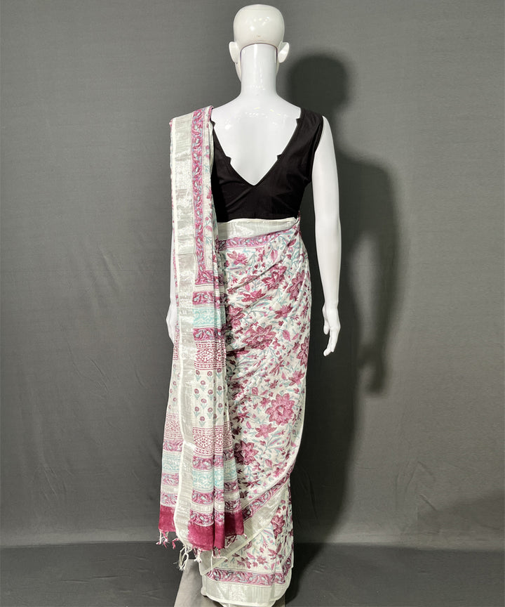 Offwhite pink hand block printed cotton linen saree