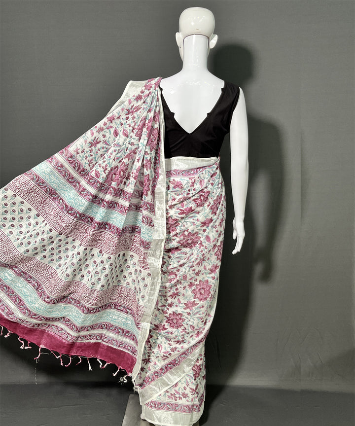 Offwhite pink hand block printed cotton linen saree